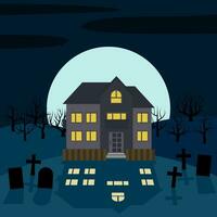 en ensam hus på natt i främre av de måne. vektor bakgrund för halloween