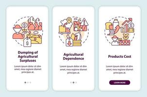 nackdelar av jordbruks politik onboarding mobil app skärm. genomgång 3 steg redigerbar grafisk instruktioner med linjär begrepp. ui, ux, gui mall vektor