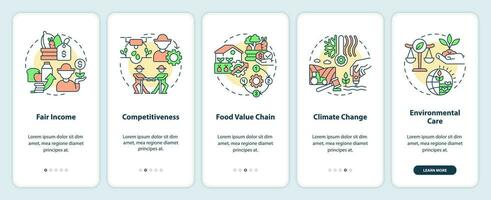 Landwirtschaft Politik Ziele Onboarding Handy, Mobiltelefon App Bildschirm. Komplettlösung 5 Schritte editierbar Grafik Anleitung mit linear Konzepte. ui, ux, gui Vorlage vektor