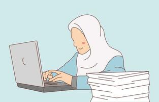 kvinna bär hijab arbetssätt på en bärbar dator illustration vektor