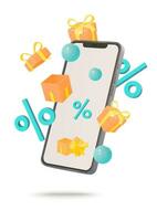 smartphone med gåva lådor och försäljning procentsats tecken befordran design vektor