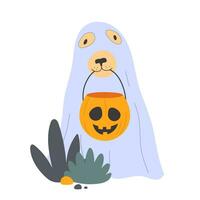 platt stil halloween vektor illustration med en hund klädd tycka om en spöke med en domkraft o lykta. hund lura eller behandlande.