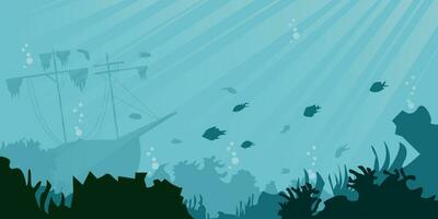 Meer unter Wasser Hintergrund. Karikatur Stil. Vektor Illustration. versunken Schiff, unter Wasser Pflanzen, Korallen und Fische. Panorama- Meereslandschaft.