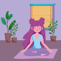 Mädchen in Yoga-Lotus-Pose auf Matte im Zimmer, Übungen zu Hause vektor