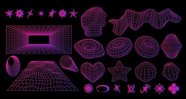 Geometrie Drahtmodell 3d Formen und Gitter. Cyberpunk y2k einstellen im Neon- Rosa Farbe. Vektor Illustration