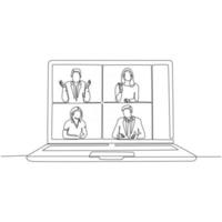 kontinuerlig linje ritning av människor som gör videosamtal med laptop tillsammans. vektor illustration