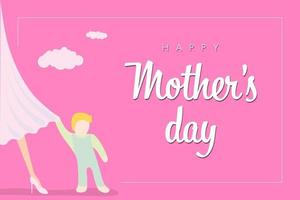 Happy Mother Day Gruß Flyer, Banner oder Poster. kleines Baby klammert sich an Mama Kleid. rosa Design mit Glückwunschtext. Vektorillustration mit schöner Frau und Kind vektor