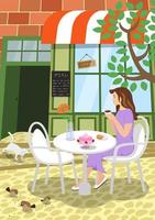 stadsgatakafé sommarplats. flicka sitter på utomhus restaurang bordsterrass under träd håller cappuccino kaffekopp och njuter av ögonblicket. katt på trappsteg och fåglar plockar frön på vägen. vektor eps affisch