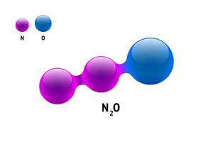 kemimodell molekyl kväveoxid n2o vetenskapliga elementformel. integrerade partiklar naturlig oorganisk 3d molekylär struktur bestående. två nitrous azote och syre volym atom vektor sfär