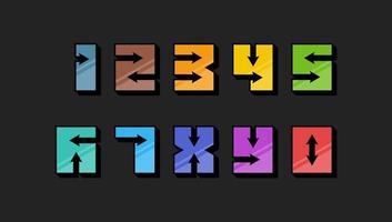 Zahlen buntes Set im 3D-Retro-Vintage-Stil mit Pfeilen trendige Typografie bestehend aus 1 2 3 4 5 6 7 8 9 0 für Posterdesign oder Grußkarten. Vektor moderne flache Eps-Schriftart