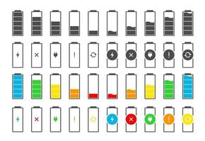 batteriladdningsindikator färgglad ikonuppsättning. laddningsnivå full effekt låg till hög elektrisk kontakt och blixt. prylar alkalisk energistatus vektor eps illustration på vit bakgrund