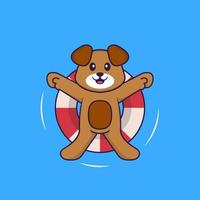 söt hund simmar med en boj. djur tecknad koncept isolerad. kan användas för t-shirt, gratulationskort, inbjudningskort eller maskot. platt tecknad stil vektor