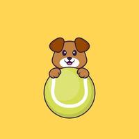 süßer Hund, der Tennis spielt. Tierkarikaturkonzept isoliert. kann für T-Shirt, Grußkarte, Einladungskarte oder Maskottchen verwendet werden. flacher Cartoon-Stil vektor