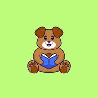 süßer Hund, der ein Buch liest. Tierkarikaturkonzept isoliert. kann für T-Shirt, Grußkarte, Einladungskarte oder Maskottchen verwendet werden. flacher Cartoon-Stil vektor