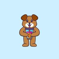 söt hund dricka boba mjölk te. djur tecknad koncept isolerad. kan användas för t-shirt, gratulationskort, inbjudningskort eller maskot. platt tecknad stil vektor