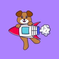 süßer Hund, der auf Rakete fliegt. Tierkarikaturkonzept isoliert. kann für T-Shirt, Grußkarte, Einladungskarte oder Maskottchen verwendet werden. flacher Cartoon-Stil vektor