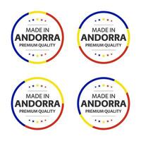 einstellen von vier Andorran Symbole, Englisch Titel gemacht im Andorra, Prämie Qualität Aufkleber und Symbole, Internierung Etiketten mit Sterne, einfach Vektor Illustration isoliert auf Weiß Hintergrund