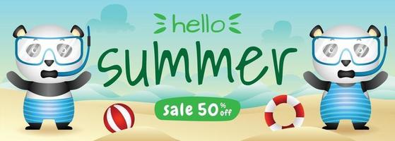 Sommer-Sale-Banner mit einem süßen Panda-Paar mit Schnorchelkostüm am Strand vektor