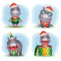 süße Nilpferd-Weihnachtsfiguren-Kollektion mit Mütze, Jacke, Schal und Geschenkbox vektor