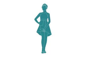 Vektor-Illustration der eleganten Frau mit Kleid, flacher Stil mit Umriss vektor