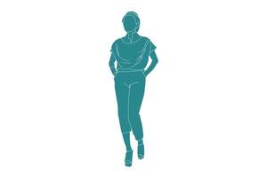 vektor illustration av casual kvinna promenader, platt stil med konturer
