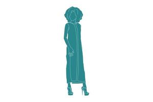 vektorillustration av snygg kvinna som poserar i en lång klänning, platt stil med konturer vektor
