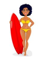 söt afroamerikansk surfflicka seriefigur vektor