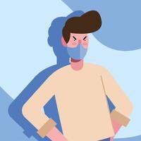junger Mann mit medizinischem Maskenschutz in blauem Hintergrund vektor