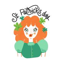 Söt irländsk tjej med orange hår och gröna ögon, klöver runt och bokstäver vektor