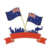 australiens dag firande med siluett djur och flaggor vektor