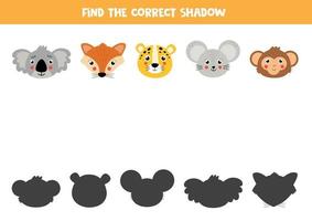 Finde den richtigen Schatten von niedlichen Cartoon-Tieren. vektor