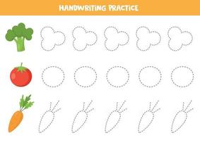 Verfolgen Sie die Linien mit Cartoon-Brokkoli, Tomate, Karotte. vektor