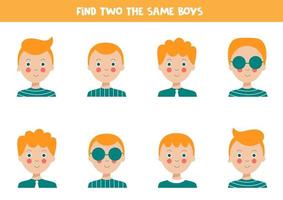 hitta två identiska pojkar. pedagogiskt arbetsblad för barn. vektor