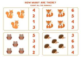 Zählen Sie die Anzahl der Waldtiere. Mathe-Spiel für Kinder. vektor