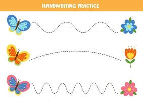 Nachzeichnen von Linien mit bunten Schmetterlingen und Blumen. vektor