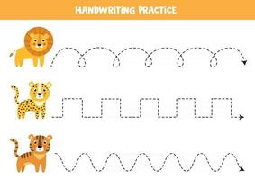 Verfolgen Sie die Linien mit süßen Wildkatzen. Handschriftübungen für Kinder. vektor