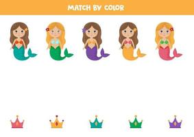 färgmatchningsspel för barn. söt tecknad sjöjungfru och krona. vektor