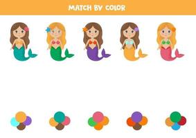 Farbsortierung für Vorschulkinder. passen Meerjungfrau und Farben. vektor