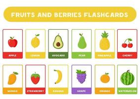 söta tecknade frukter med namn. flash-kort för barn. vektor