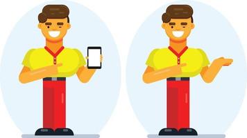 reklam för mobilapplikation. upphetsad platt designad kille som visar smartphone med tom skärm. pojke pekar kopia utrymme. vektor