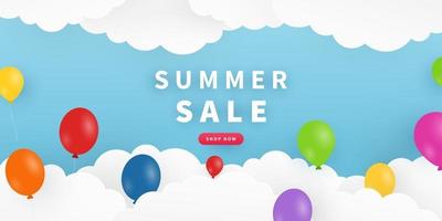 Sommerhintergrund mit Himmel, Wolken, Luftballons. Sommer Sale Banner-Design im Papierschnitt-Stil. Farbhintergrund-Layout-Banner. Vektor-Illustration. vektor