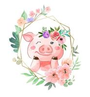 söt gris i blommig krona och blomma ram illustration vektor