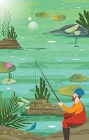Mann sitzt und fischt am Sommersee vektor