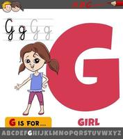 bokstaven g från alfabetet med tecknad flicka kid karaktär vektor