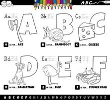 tecknade alfabetbokstäver från a till f målarbok sida vektor