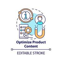 Symbol für das Konzept des Produktinhalts optimieren. Online-Marktplatz Erfolg Tipp abstrakte Idee dünne Linie Illustration. Hinzufügen detaillierter Produktbeschreibungen. Vektor isolierte Umriss-Farbzeichnung. bearbeitbarer Strich