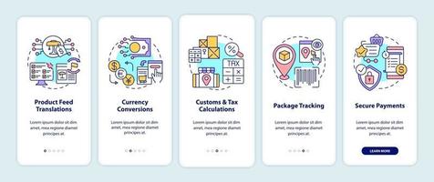 Internationale Marktplätze Dienstleistungen Onboarding mobiler App-Seitenbildschirm. Komplettlösung für Pakettracks in 5 Schritten mit grafischen Anweisungen mit Konzepten. ui, ux, gui-Vektorvorlage mit linearen Farbillustrationen vektor