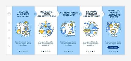 Vorteile der starken Markenidentität beim Onboarding von Vektorvorlagen. Responsive mobile Website mit Symbolen. Webseiten-Walkthrough 5-Schritte-Bildschirme. produktwertsteigerndes Farbkonzept mit linearen Illustrationen vektor
