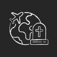 gravsten turism krita vit ikon på mörk bakgrund. kyrkogård utforskning entusiast resenär. flyga utomlands för begravning. kategori resebranschen. isolerad svart tavlaillustration på svart vektor