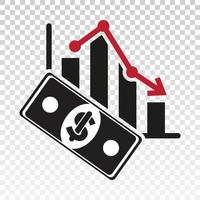 flat ikon en lågkonjunktur eller aktiemarknadskrasch med nedåtgående diagram isolerad på valuta vektor